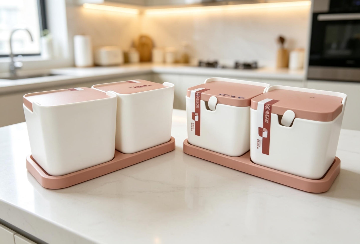 2-Pcs Ceramic Style High Quality Plastic Spice Jars with Plastic Lid & Stand and Spoons