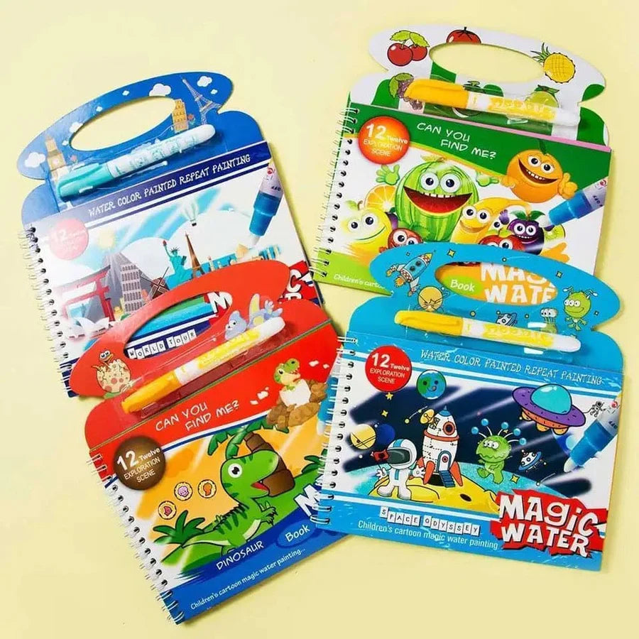 Reusable Magic Water Book, Creative Children Magical Drawing Books with Pen, Water Reveal Activity Book for Kid, Painting Color Wonder Coloring Book, Child Educational Toy Magic Book Water Painting