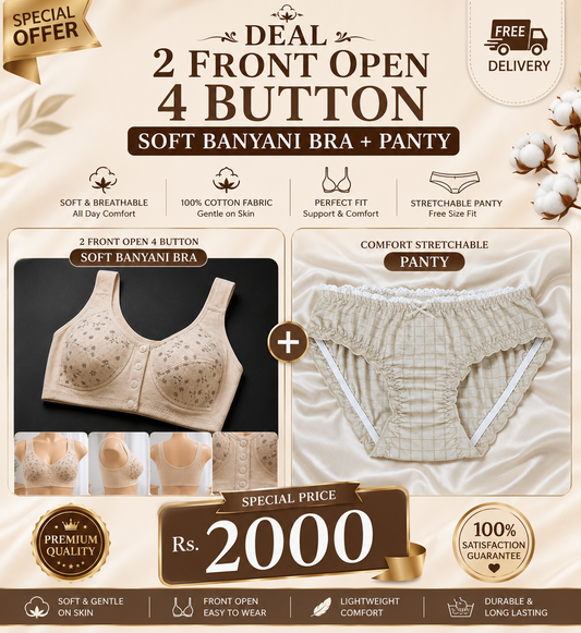 Deal 1 Of the DAY 2 FRONT OPEN 4 BUTTON SOFT BANYANI BRA + 1 PANTY FREE DELIVERY