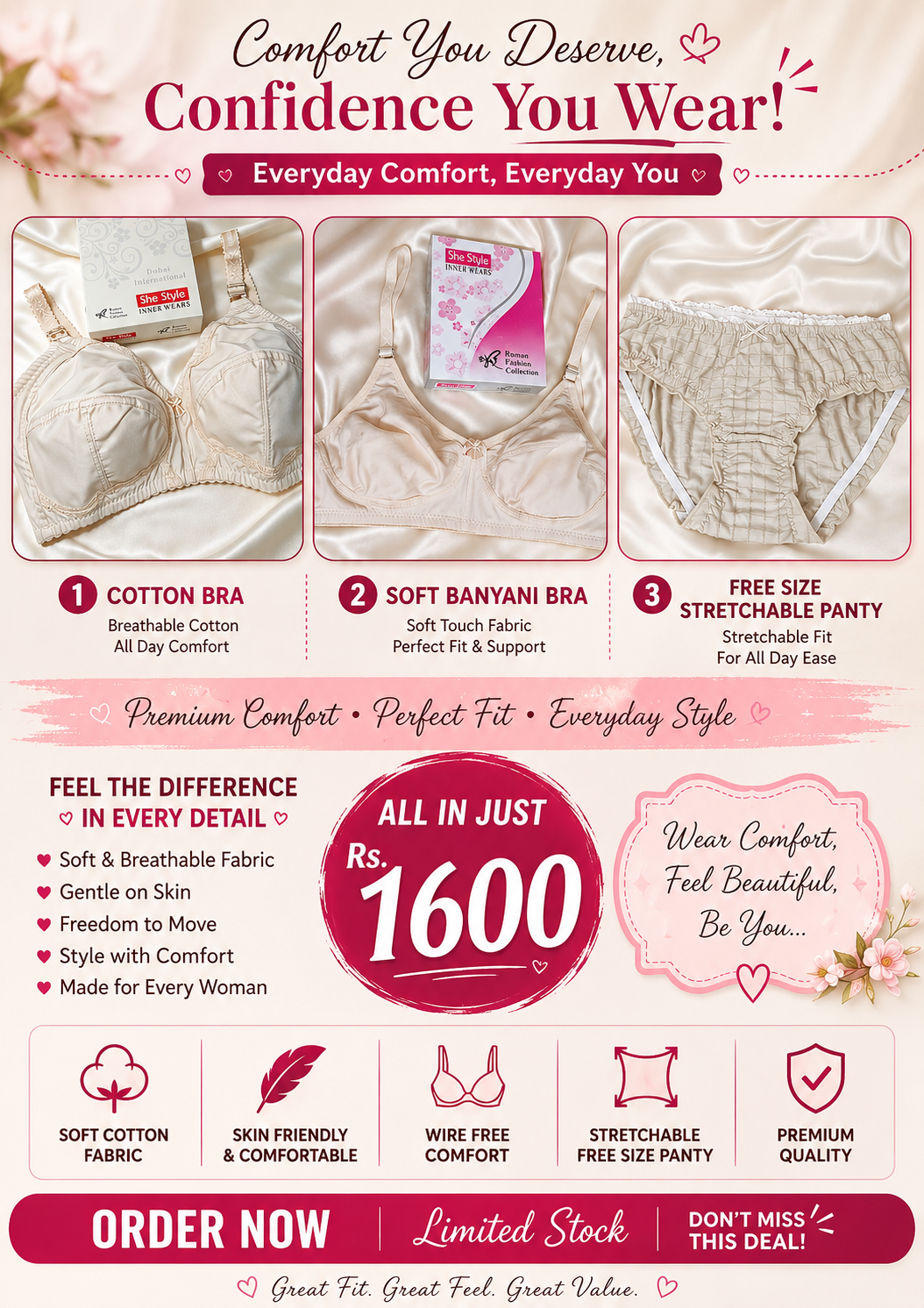 Deal 2 1 cotton Bra 1 soft Banyani 1 Panty Rs 1600