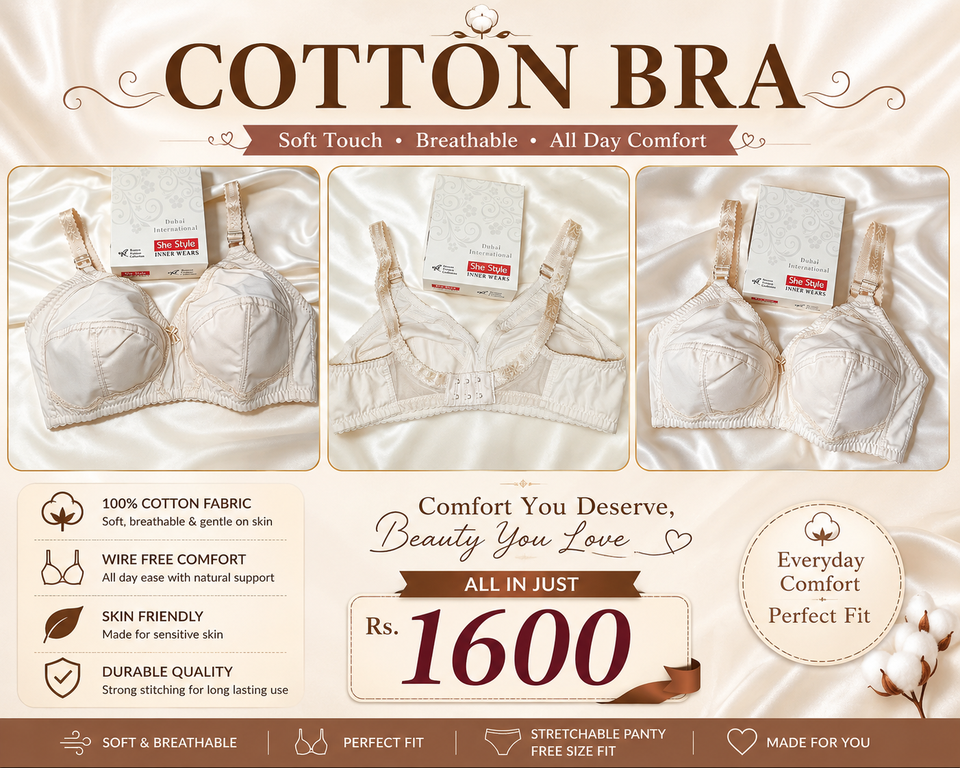 Deal 2 1 cotton Bra 1 soft Banyani 1 Panty Rs 1600