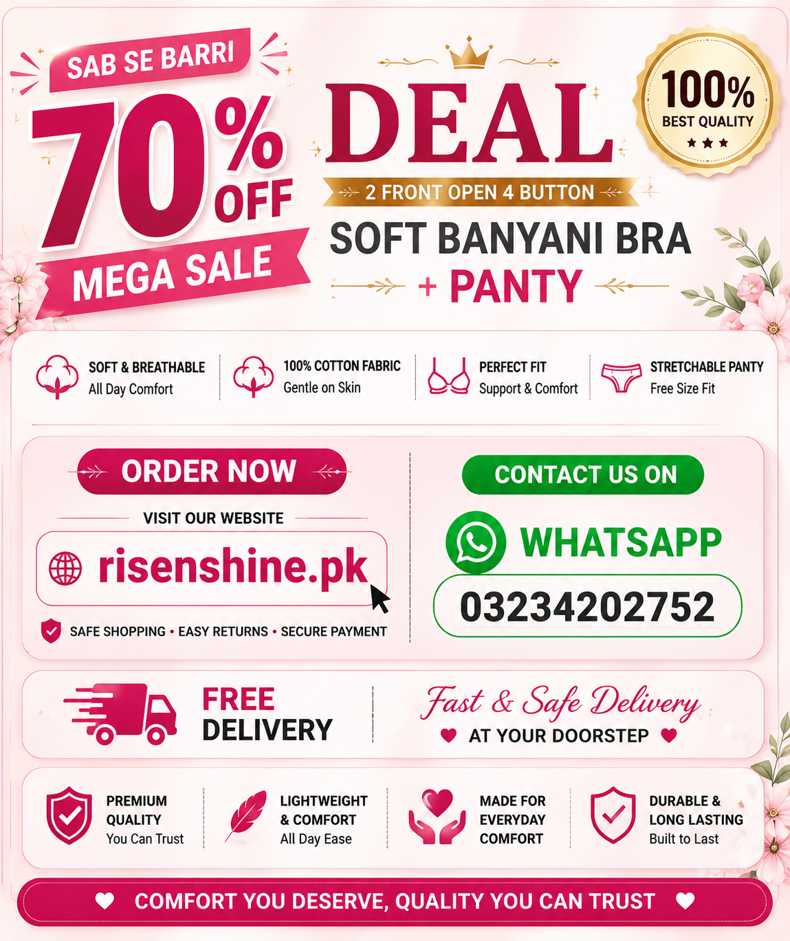 Deal 1 Of the DAY 2 FRONT OPEN 4 BUTTON SOFT BANYANI BRA + 1 PANTY FREE DELIVERY