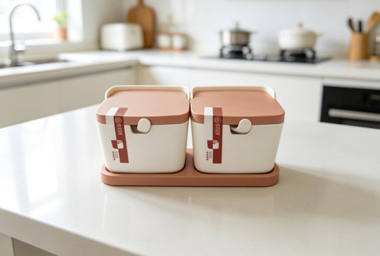 2-Pcs Ceramic Style High Quality Plastic Spice Jars with Plastic Lid & Stand and Spoons