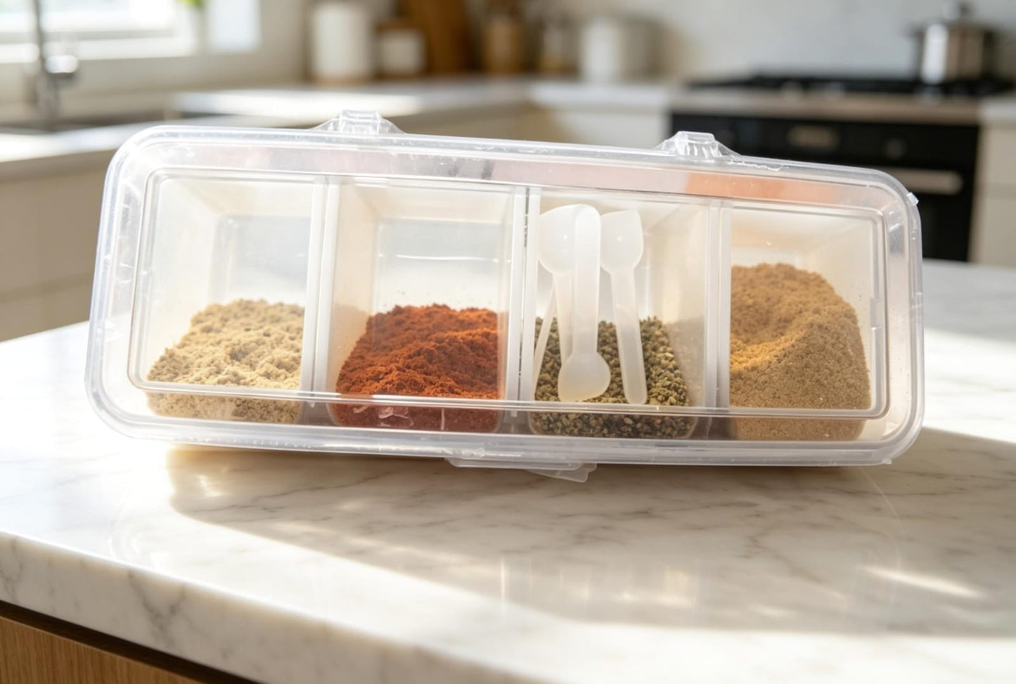 Modern 4 Compartment Spice Storage Box With Spoons
