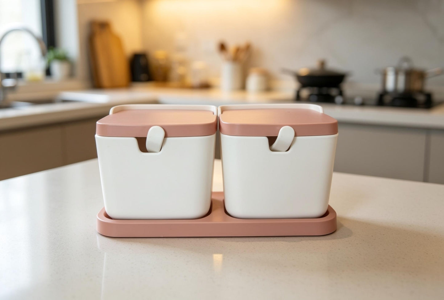 2-Pcs Ceramic Style High Quality Plastic Spice Jars with Plastic Lid & Stand and Spoons