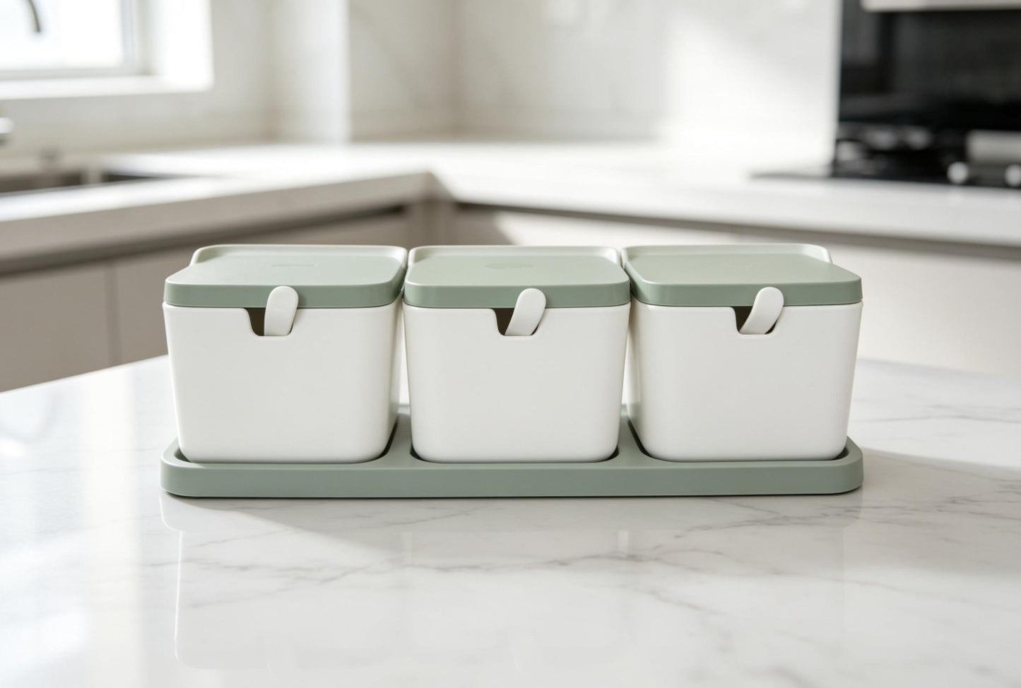 3-Pcs Ceramic Style High Quality Plastic Spice Jars with Plastic Lid & Stand and Spoons