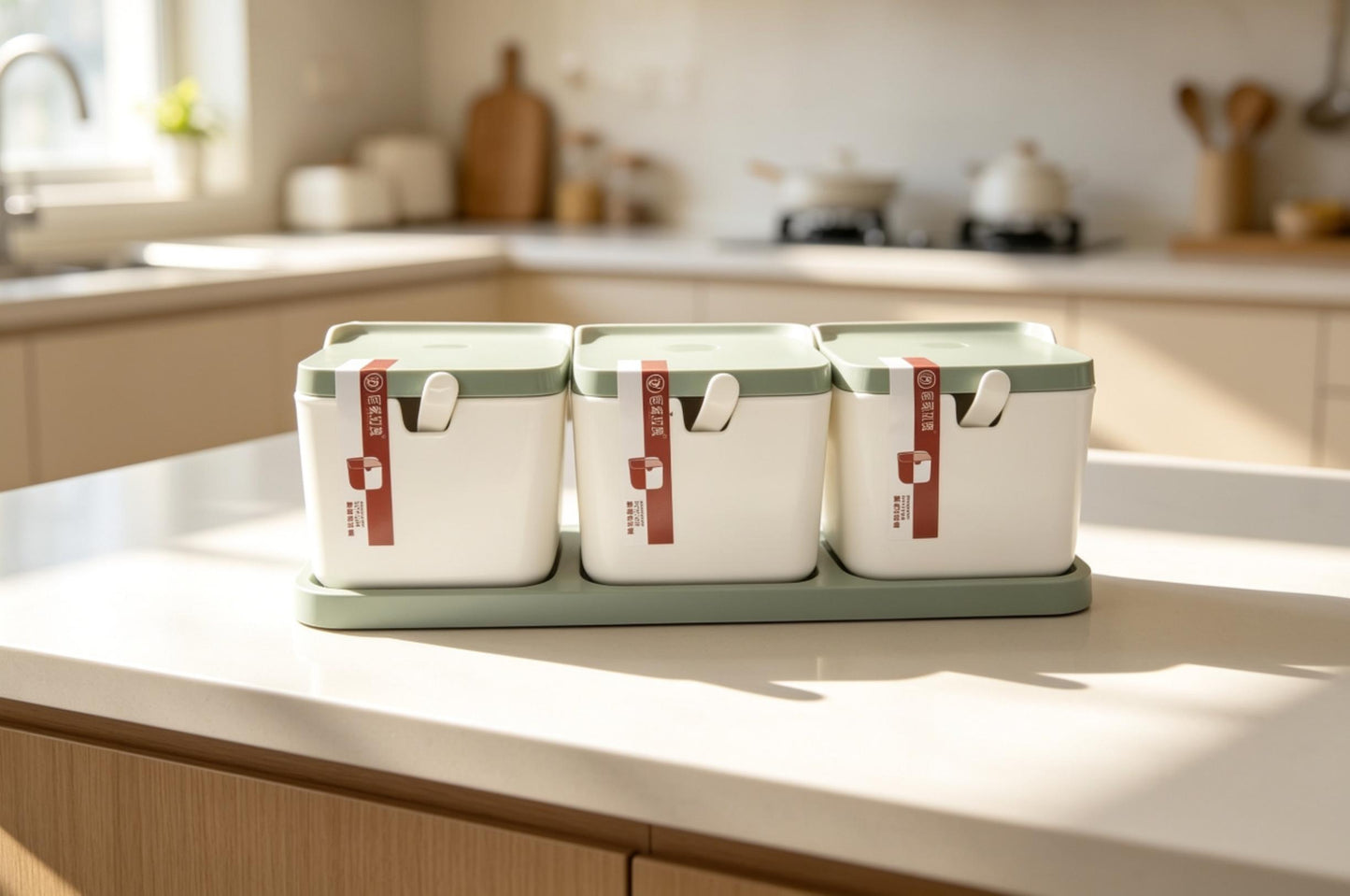 3-Pcs Ceramic Style High Quality Plastic Spice Jars with Plastic Lid & Stand and Spoons
