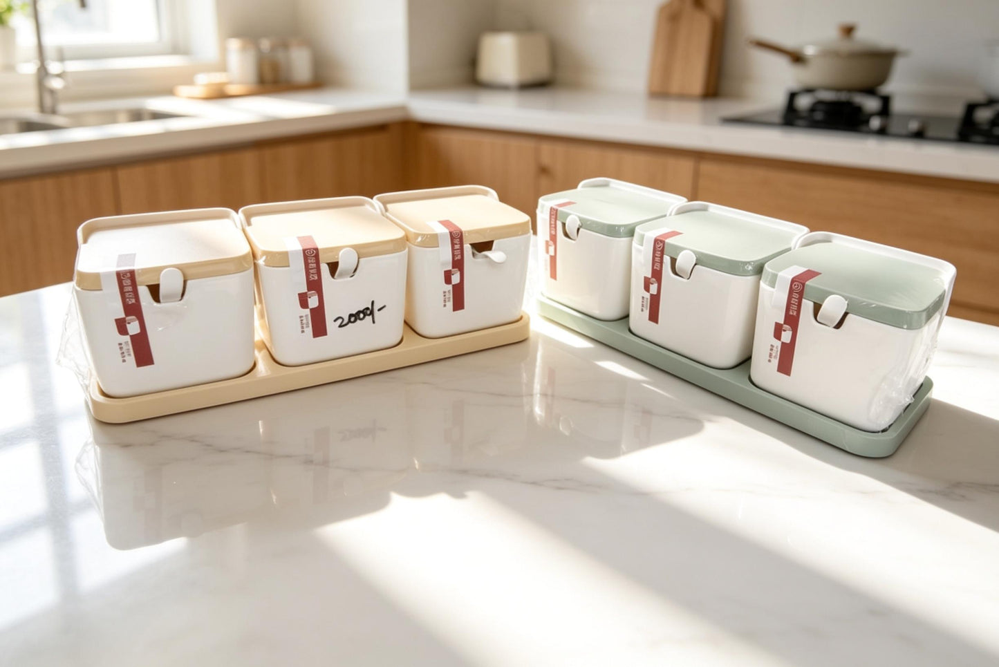 3-Pcs Ceramic Style High Quality Plastic Spice Jars with Plastic Lid & Stand and Spoons
