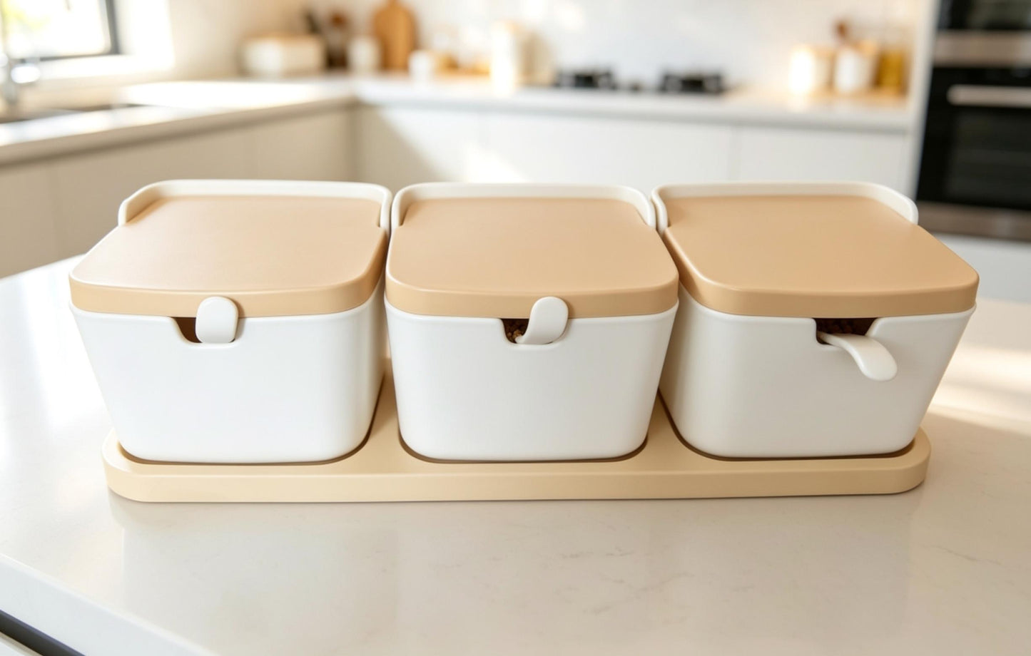 3-Pcs Ceramic Style High Quality Plastic Spice Jars with Plastic Lid & Stand and Spoons
