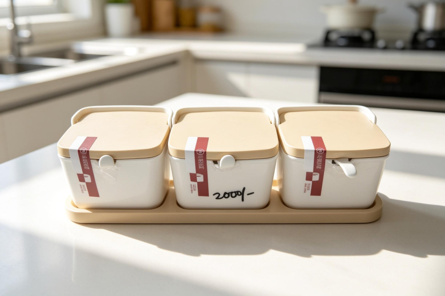 3-Pcs Ceramic Style High Quality Plastic Spice Jars with Plastic Lid & Stand and Spoons
